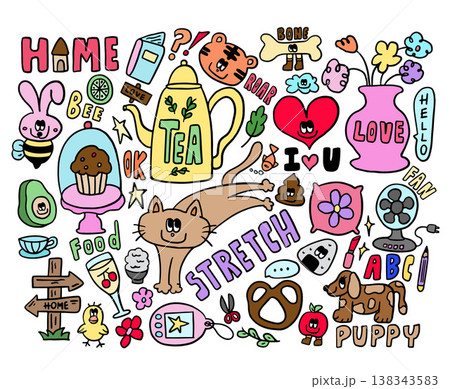 Hand drawn vector illustrations of tea pot, cat, puppy, cupcake stand, book, avocado, tiger, bone, heart, pillow, flowers in flowerpot, fan, tea cup, pretzel, rice ball, home, bird, apple, tamagotchi 138343583