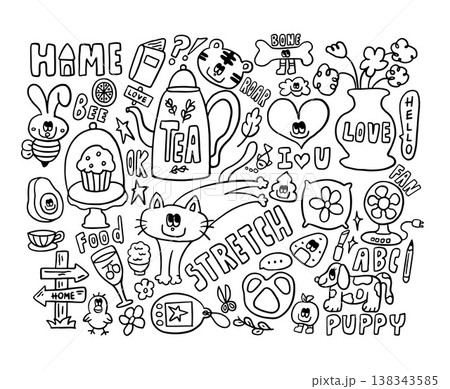 Hand drawn vector outlines of tea pot, cat, puppy, cupcake stand, book, avocado, tiger, bone, heart, pillow, flowers in flowerpot, fan, tea cup, pretzel, rice ball, home, bird, apple, tamagotchi Hand drawn vector outlines of tea pot, cat, puppy, cupcake stand, book, avocado, tiger, bone, heart, pillow, flowers in flowerpot, fan, tea cup, pretzel, rice ball, home, bird, apple, tamagotchi 138343585
