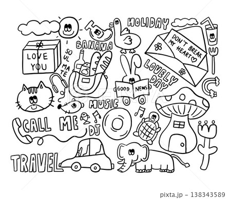 Cute hand drawn vector outlines of LOVE YOU gift box, sun and cloud, banana, duck, DON'T BREAK MY HEART letter in an envelope, mushroom house, CD, bread loaf, apple juice and water bottle in bag 138343589