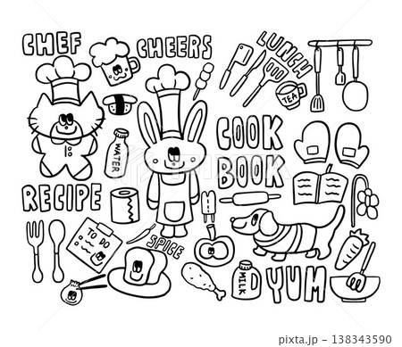Cute hand drawn vector outlines of cat and bunny wearing chef hat, beer glass, sushi, tissue paper, knife, frying pan, spatula, spoon and fork, bread, fried chicken, puppy, rolling pin, cook book Cute hand drawn vector outlines of cat and bunny wearing chef hat, beer glass, sushi, tissue paper, knife, frying pan, spatula, spoon and fork, bread, fried chicken, puppy, rolling pin, cook book 138343590