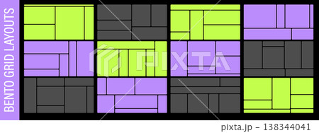 Bento grid layouts set with geometric tiles and rounded corners. Trendy UI design panels for web interfaces and dashboards. Modern modular template collection. 138344041