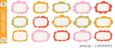 Colorful fluffy cloud labels. Cute wavy sticker set. Colorful fluffy cloud labels. Cute wavy sticker set. 138344055