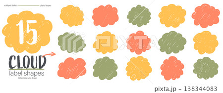 Crayon doodle fluffy label shapes. Rough hand drawn waves for text areas. 138344083