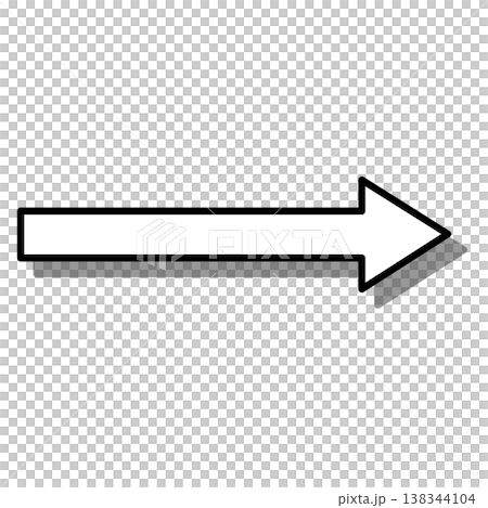一個簡單的白色水平箭頭，帶有陰影，指向右側。 138344104