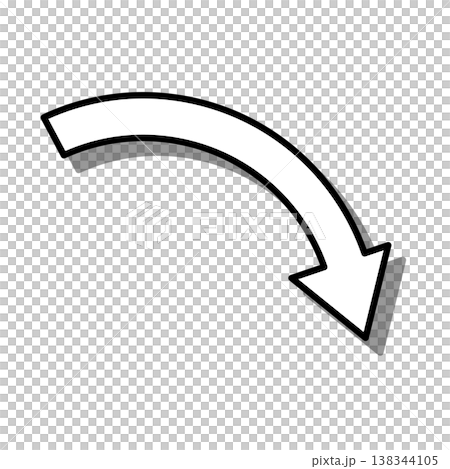 一個白色陰影的彎曲箭頭,向右下方急劇彎曲。 一個白色陰影的彎曲箭頭,向右下方急劇彎曲。 138344105