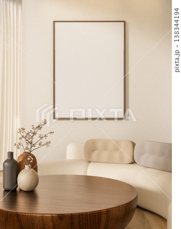 White frame on wall over curve sofa and flower vase on round wood table and sunlight through curtain White frame on wall over curve sofa and flower vase on round wood table and sunlight through curtain 138344194