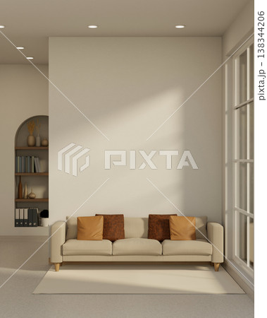 Beige sofa on carpet aside white wall and sunlight through window and arch bookshelf in modern room. 138344206