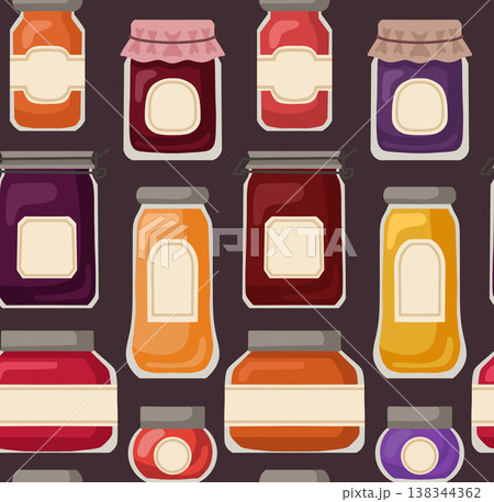 Vector seamless pattern with jams on dark background. Background with bottles of syrups. Texture with jars with sweet syrup Vector seamless pattern with jams on dark background. Background with bottles of syrups. Texture with jars with sweet syrup 138344362