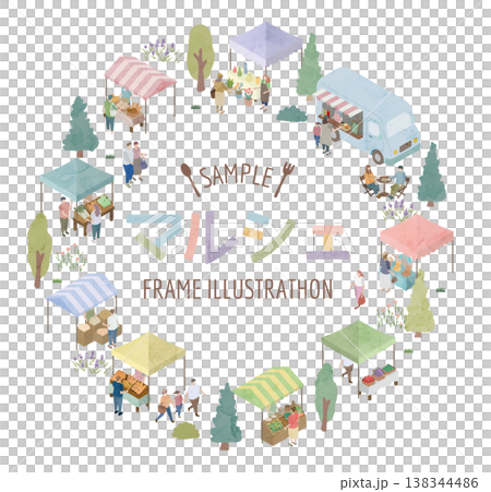 Watercolor-style isometric market frame with illustration of an outdoor market and people. Watercolor-style isometric market frame with illustration of an outdoor market and people. 138344486