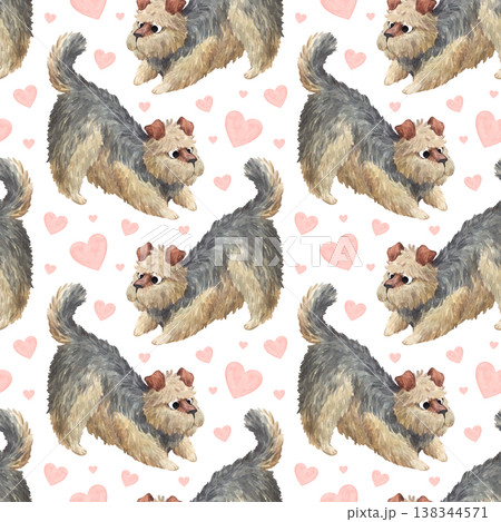 A watercolor pattern featuring a cute curly terrier with tiny hearts 138344571