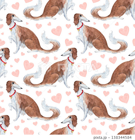A watercolor pattern featuring a playful Russian greyhound and hearts 138344584