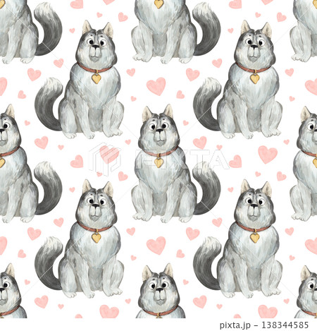 A watercolor pattern with a cute husky and hearts 138344585