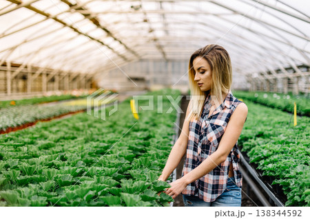 Young woman buying flowers at a garden center color toned image shallow DOF. 138344592