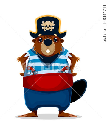 Cartoon beaver animal pirate crew character, wearing a striped blue shirt, red sash, blue pants, and a black captain hat with a skull emblem, holding two flintlock pistols tucked into his belt Cartoon beaver animal pirate crew character, wearing a striped blue shirt, red sash, blue pants, and a black captain hat with a skull emblem, holding two flintlock pistols tucked into his belt 138344711