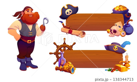 Pirate banners and funny corsair character. Cartoon sailor or captain with hook, Vector wooden board templates with tricorn hat, skull, treasure, gold coin jewel, bottle with scroll map and ship wheel Pirate banners and funny corsair character. Cartoon sailor or captain with hook, Vector wooden board templates with tricorn hat, skull, treasure, gold coin jewel, bottle with scroll map and ship wheel 138344713
