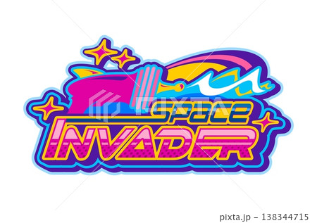 Space invader retro Y2K icon or sign. Galaxy invader funky vector sign, extraterrestrial life vintage symbol. Space and universe exploration icon with laser blaster and retro futuristic typography 138344715