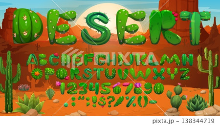 Cactus font, succulent typeface, Mexican cacti type, English alphabet, signs and numbers. Cartoon vector funny abc characters with thorns and flowers. Desert typography made of green plants and spines Cactus font, succulent typeface, Mexican cacti type, English alphabet, signs and numbers. Cartoon vector funny abc characters with thorns and flowers. Desert typography made of green plants and spines 138344719