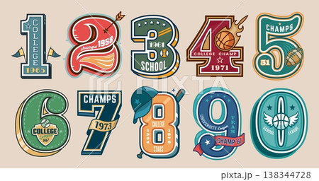 Varsity numbers sport patches vintage font for baseball, basketball and american football athletic teams. Vector university, school or college varsity patches, t shirt or jacket print with sport balls 138344728