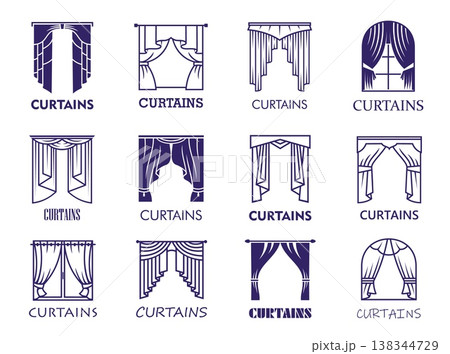 Theater curtain icons with vector line opera theatre stage fabric draping and home window blinds. House interior decor element isolated outline symbols set of blue curtains or portieres with drapes 138344729
