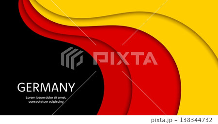 Paper cut national flag of Germany, red, black and yellow German papercut banner, vector background. Germany flag in paper cut waves trendy design for German national day or patriotic holiday symbol 138344732