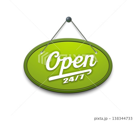 Open signboard for shop or store door sign board hanging on string, vector icon. 24 7 open signboard or green round banner for supermarket or kiosk and restaurant and cafe door announcement sign 138344733