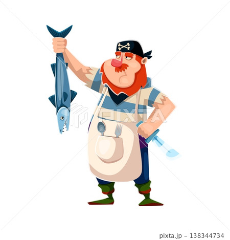 Brave corsair and pirate sailor cartoon character. Cheerful personage in an apron, holding fish and dagger, ready to cook. Vector mascot with black bandana, spoon and fork for pirate party Brave corsair and pirate sailor cartoon character. Cheerful personage in an apron, holding fish and dagger, ready to cook. Vector mascot with black bandana, spoon and fork for pirate party 138344734