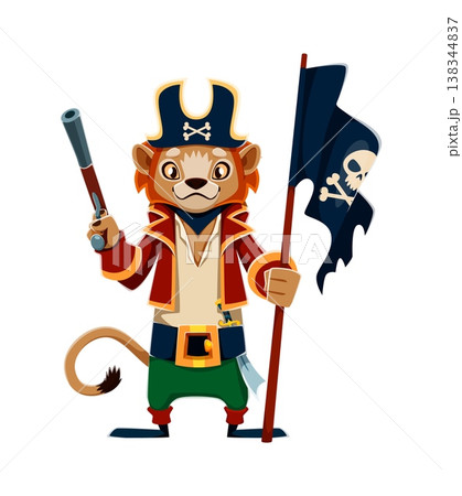 Cartoon brave animal lion pirate vector character. Lion standing tall with rifle and pirate flag, dressed in corsair coat and trousers. Cute animal pirate for kids birthday party 138344837