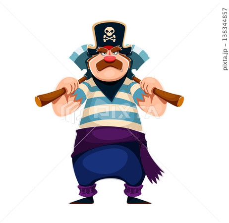Cartoon pirate warrior character in a striped shirt, blue trousers and purple sash. Corsair carrying two heavy wooden axes on shoulders. Vector mustached rover with menacing face, ready for sea fight Cartoon pirate warrior character in a striped shirt, blue trousers and purple sash. Corsair carrying two heavy wooden axes on shoulders. Vector mustached rover with menacing face, ready for sea fight 138344857