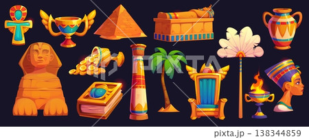 Ancient Egypt game icons, Egyptian treasure asset and artifacts. Cartoon vector pyramids, sphinx, sarcophagus and symbols of royalty, represent the rich culture, history and mysticism of ancient Egypt Ancient Egypt game icons, Egyptian treasure asset and artifacts. Cartoon vector pyramids, sphinx, sarcophagus and symbols of royalty, represent the rich culture, history and mysticism of ancient Egypt 138344859