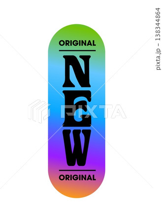 New hologram vintage Y2K sticker or label. Metallic color hologram vintage patch, reflective foil Y2K vector label. Gradient chrome holographic sticker or tag with vertical typography 138344864