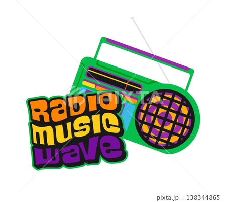 Music radio wave Y2K funky sticker or symbol. Radio audio Y2K groovy label, music record retro vector tag. Musical festival funky sticker or patch with radio receiver device and funky typography Music radio wave Y2K funky sticker or symbol. Radio audio Y2K groovy label, music record retro vector tag. Musical festival funky sticker or patch with radio receiver device and funky typography 138344865
