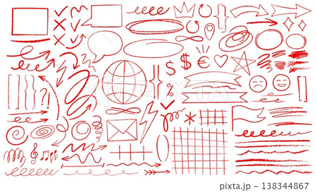 Hand drawn doodle red crayon pencil bubble and frame, arrow and mark, highlight and underline lines. Vector red crayon abstract scribbles, flag and star, ribbon banner, smile and globe shapes set Hand drawn doodle red crayon pencil bubble and frame, arrow and mark, highlight and underline lines. Vector red crayon abstract scribbles, flag and star, ribbon banner, smile and globe shapes set 138344867