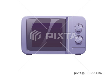 Cartoon microwave oven, modern kitchen appliance. Isolated vector compact household cooking device with control knobs and glass door used for food heating, preparation and domestic culinary processes 138344876