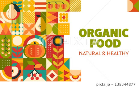 Organic fruits and vegetables, modern geometric pattern. Vector natural and healthy food mosaic tile background. Modern abstract grid featuring apple, pumpkin, pear, berry and wheat fresh farm produce Organic fruits and vegetables, modern geometric pattern. Vector natural and healthy food mosaic tile background. Modern abstract grid featuring apple, pumpkin, pear, berry and wheat fresh farm produce 138344877