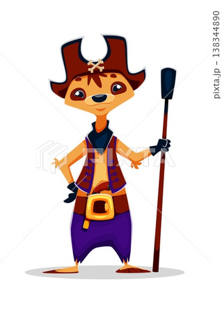 Cartoon meerkat animal pirate crew character. Isolated vector playful corsair personage wearing tricorn hat, vest and purple pants, holding a cannon stick , expressing boldness and sea adventure 138344890