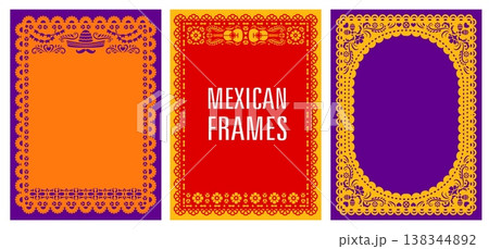 Papel picado Mexican fiesta frames, Hispanic holiday borders with decorative floral ornament. Traditional vector fiesta, dia de Muertos and Cinco de mayo celebration festive paper cut folk templates Papel picado Mexican fiesta frames, Hispanic holiday borders with decorative floral ornament. Traditional vector fiesta, dia de Muertos and Cinco de mayo celebration festive paper cut folk templates 138344892