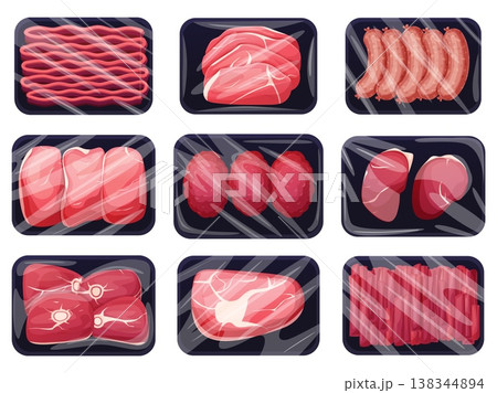 Frozen meat packs. Meats products in plastic containers with film. Fresh frozed steaks, minced meat, cutlets, tenderloin, sausages. Supermarket items, nowaday vector set 138344894