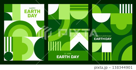 Earth day posters with green geometric pattern. Vector environmental cards for April 22 celebration. Environment and ecology awareness with modern abstract modular mosaic shapes, vertical flyers Earth day posters with green geometric pattern. Vector environmental cards for April 22 celebration. Environment and ecology awareness with modern abstract modular mosaic shapes, vertical flyers 138344901