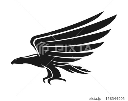 Black eagle flying bird abstract icon or symbol. Hunting falcon graphic emblem, black eagle bird heraldic sign. Flying bird of prey company icon 138344903