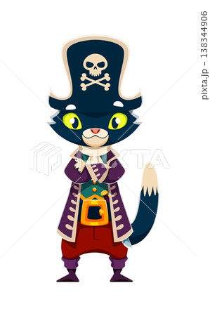 Cartoon cat animal pirate captain or skipper character with bright yellow eyes. Corsair dressed in a long purple coat, red trousers and tall hat with crossbones. Funny pirate personage for kids design 138344906
