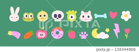 Tiny cartoon groovy icons. Faces of duck, bunny, frog, crazy cat. Donut, apple and strawberry, bone, heart and lightning. Daisy and skull, flowers, vector clipart Tiny cartoon groovy icons. Faces of duck, bunny, frog, crazy cat. Donut, apple and strawberry, bone, heart and lightning. Daisy and skull, flowers, vector clipart 138344908