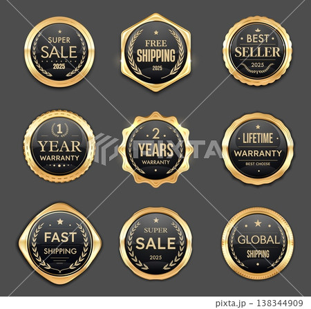 Sale, shipping or warranty golden badges and labels, award seals, luxury medal and marks with laurel wreaths, ribbons. Vector set of round premium ecommerce promotion for business marketing and shop Sale, shipping or warranty golden badges and labels, award seals, luxury medal and marks with laurel wreaths, ribbons. Vector set of round premium ecommerce promotion for business marketing and shop 138344909
