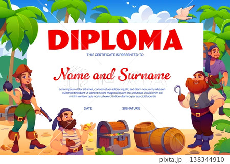 Kids diploma certificate with brave pirates and treasures on beach island, cartoon vector. Kids diploma certificate or appreciation letter award template with Caribbean pirate sailors and corsairs 138344910