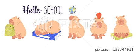 Smart student capybara. Back to school, university, college animals with books, globe, backpack. Funny capybaras, children mascots, vector characters 138344911