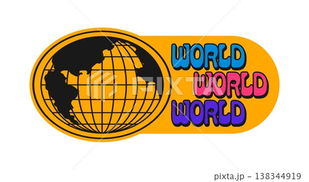 World mesh globe Y2K funky sticker or label. World vector terrestrial sphere tag, planet funky mesh sphere patch. Earth wireframe globe sticker or groovy Y2K globus label with colorful typography World mesh globe Y2K funky sticker or label. World vector terrestrial sphere tag, planet funky mesh sphere patch. Earth wireframe globe sticker or groovy Y2K globus label with colorful typography 138344919