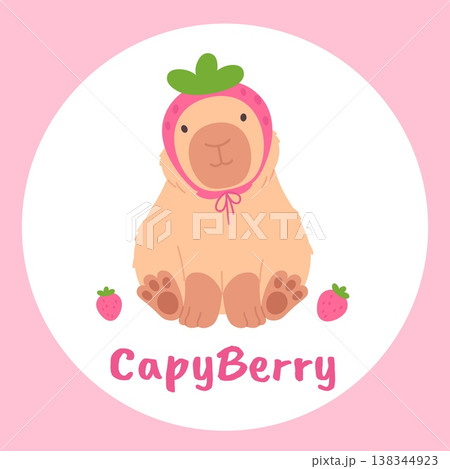 Print with cartoon capybara in strawberry hat. Funny groovy animal character. Girly style postcard, sticker, artistic printable decoration, vector element Print with cartoon capybara in strawberry hat. Funny groovy animal character. Girly style postcard, sticker, artistic printable decoration, vector element 138344923