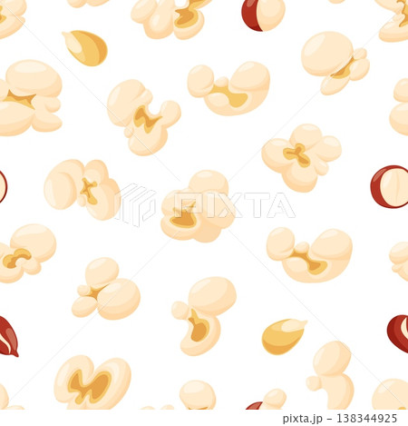Popcorn seeds seamless pattern. Flying popcorns, fast food or snack for cinema evening. Art print design, fashion fabric, wallpaper, backdrop, vector background Popcorn seeds seamless pattern. Flying popcorns, fast food or snack for cinema evening. Art print design, fashion fabric, wallpaper, backdrop, vector background 138344925