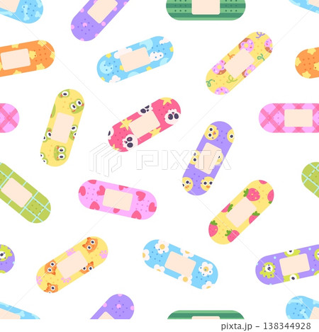 Medical plaster seamless pattern. Children decorative adhesive plasters with funny characters and elements. Sterile bandages print, vector background Medical plaster seamless pattern. Children decorative adhesive plasters with funny characters and elements. Sterile bandages print, vector background 138344928