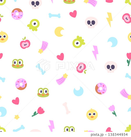 Groovy seamless pattern. Funny animal faces, frog, duck, green slime monster. Heart and flower, donut, bone, falling star or comet. Vector print template, background 138344934