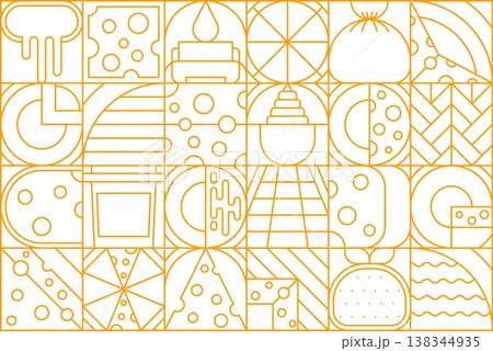 Modern dairy cheese geometric pattern featuring orange linear food icons. Cheese slices, melted cheese, milk, pizza, burger and dairy symbols arranged in grid layout. Vector pattern for food packaging Modern dairy cheese geometric pattern featuring orange linear food icons. Cheese slices, melted cheese, milk, pizza, burger and dairy symbols arranged in grid layout. Vector pattern for food packaging 138344935